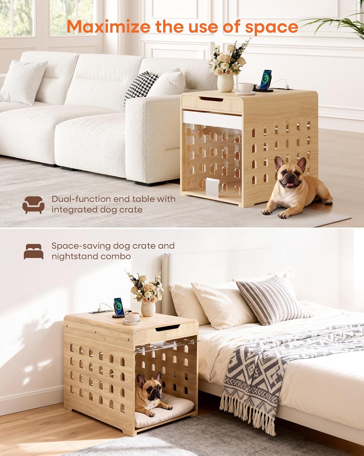 Modern Dog Crate Furniture with Charging Station